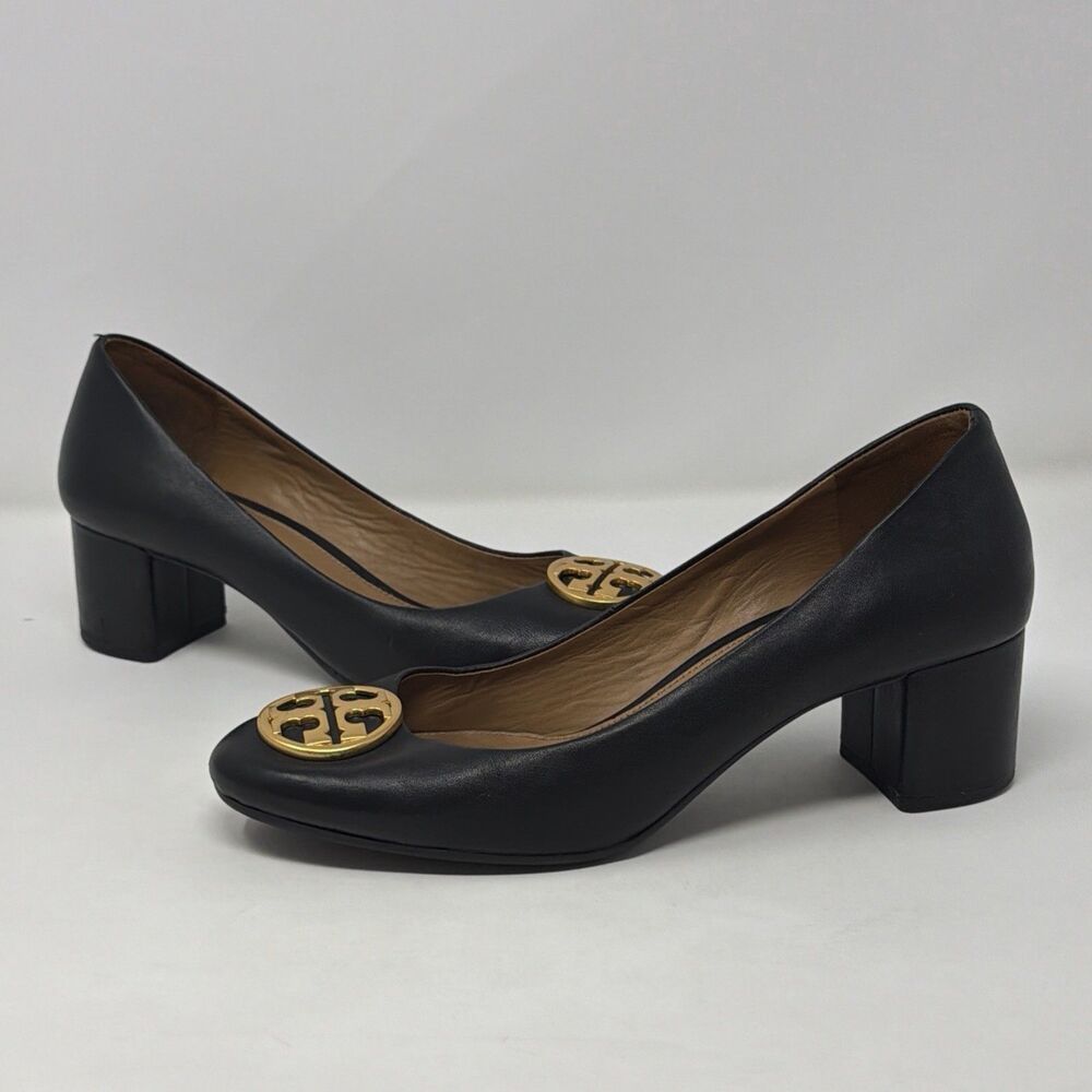 Tory Burch Benton 50MM Black Leather Logo Block Heel Pumps Women’s 8M